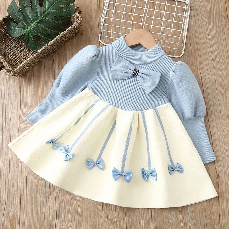 Girls Casual Dresses Bow Puffy Sleeve Sweater Girls Winter Clothes Kids Dresses for Girls 2 To 8 Years Princess Dress Toddler