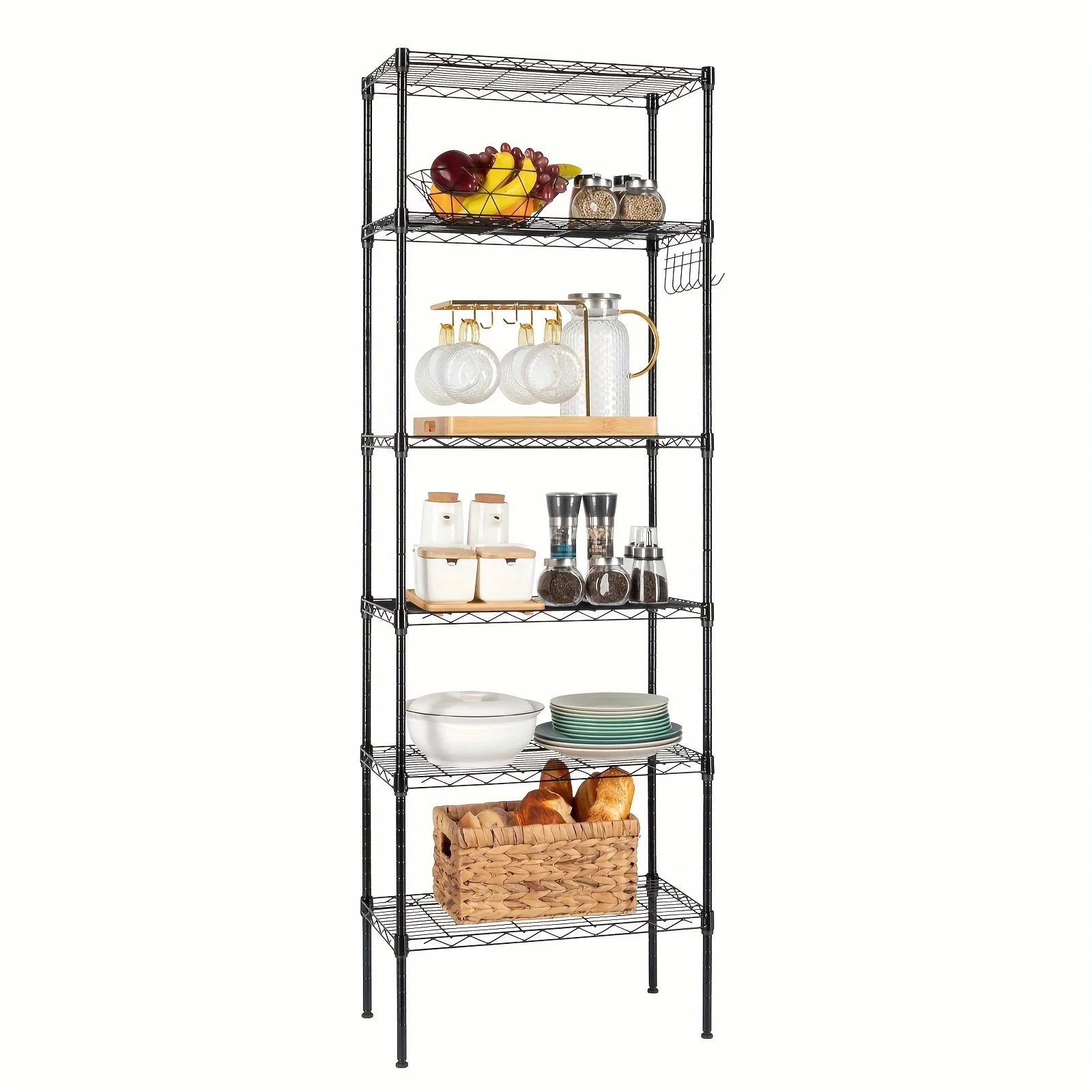 

A six-tier household shelving unit, detachable, equipped with a row of six side hooks. It comes with adjustable feet and wheels