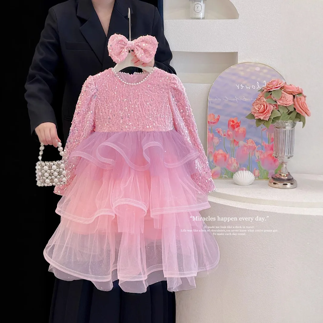 Girls Dress 2025 Spring Autumn Winter New Sparkling Mesh Princess Dress Fashion Children Sweet Dress