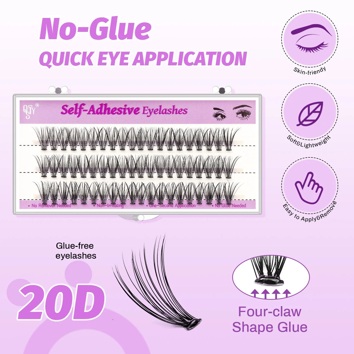 QSTY Self Adhesive Eyelashes Extension Kit 60 PCS Self Adhesive Lashes 20D+40D No Glue Eyelashes 9-16 Mix C Curl Press On Eyela