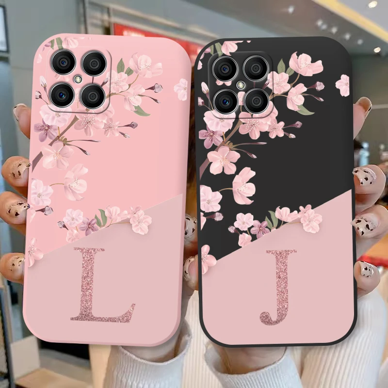 For Honor X8 4G X 8 5G Case Stylish Letters Soft Silicone Cover Beautiful Cherry Flower Initial Alphabet Fundas For Honor X8 Bag