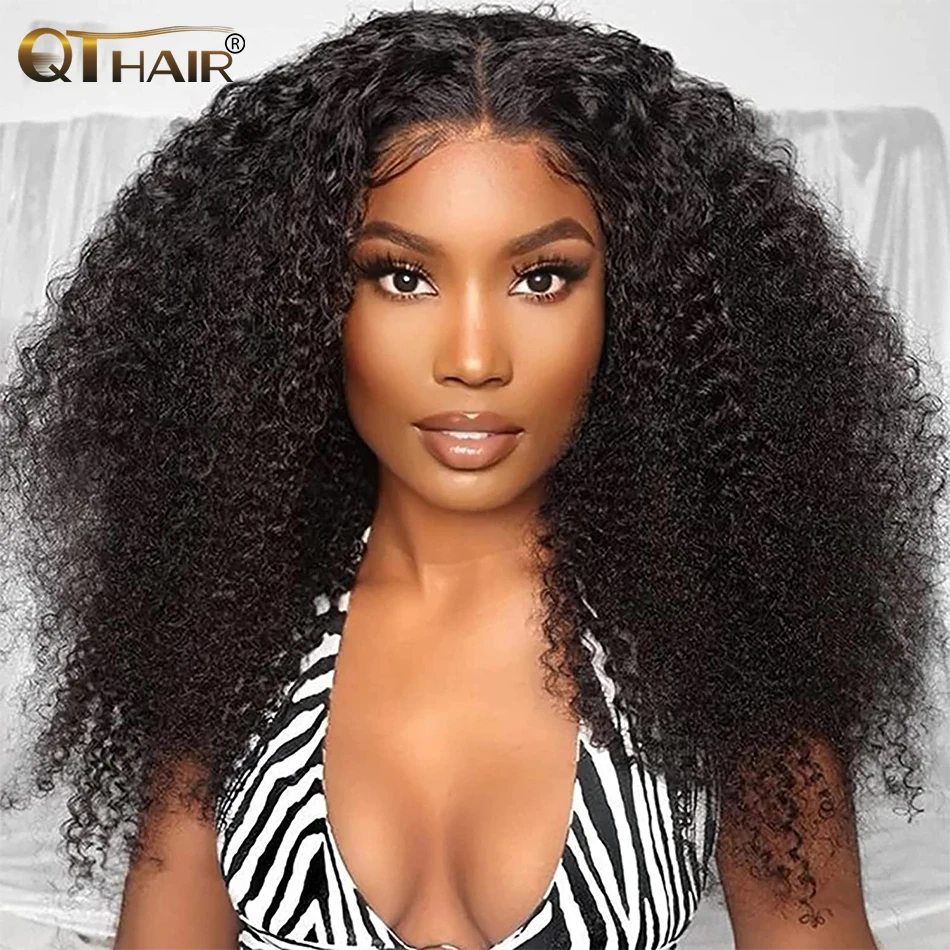 

QT Mongolian Kinky Curly Lace Front Wig Human Hair 13x4 Transparent Lace Frontal Wigs with Baby Hair Pre Plucked Curly Hair Wigs