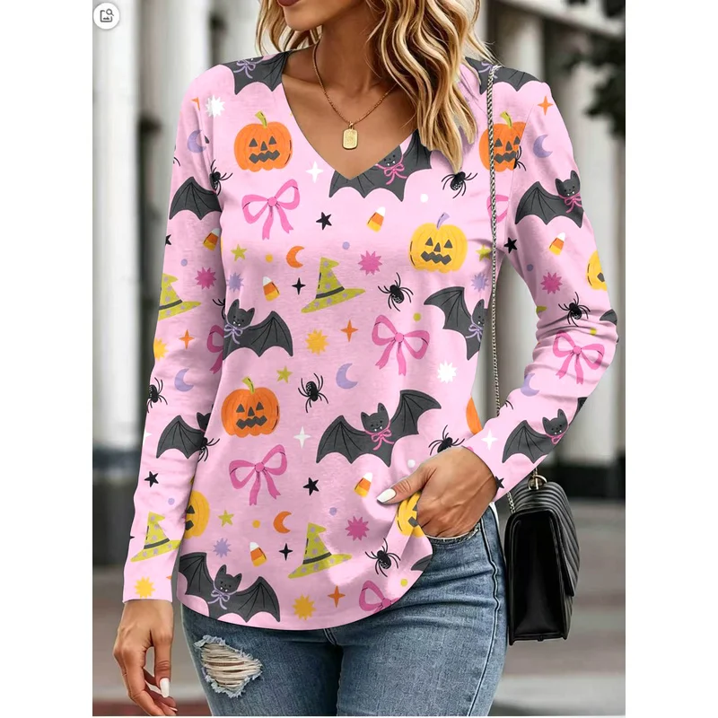 Halloween-Themed Women's Long-Sleeve Printed Collared Shirt Suitable for Everyday Casual and Work Wear