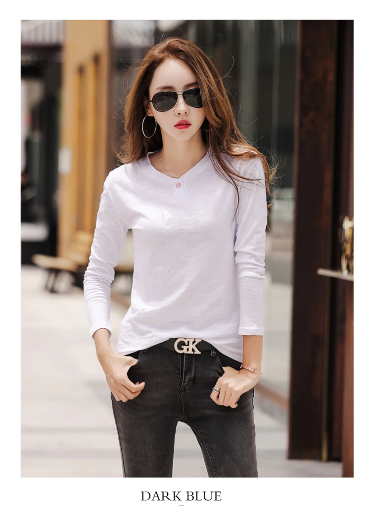 2026 Langarm Frühling Damen Slub-Baumwoll-T-Shirts mit Knöpfen, grüner V-Ausschnitt, einfarbiges T-Shirt, kaffeefarben, koreanische weiche, lockere Oberteile – Detail 20