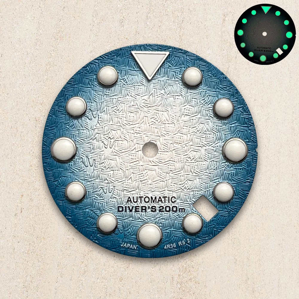 28.5mm S Logo Dial Blck/Blue 3D Footprints surface Suitable For NH35/NH36/4R/7S Movement Watch Green Luminous
