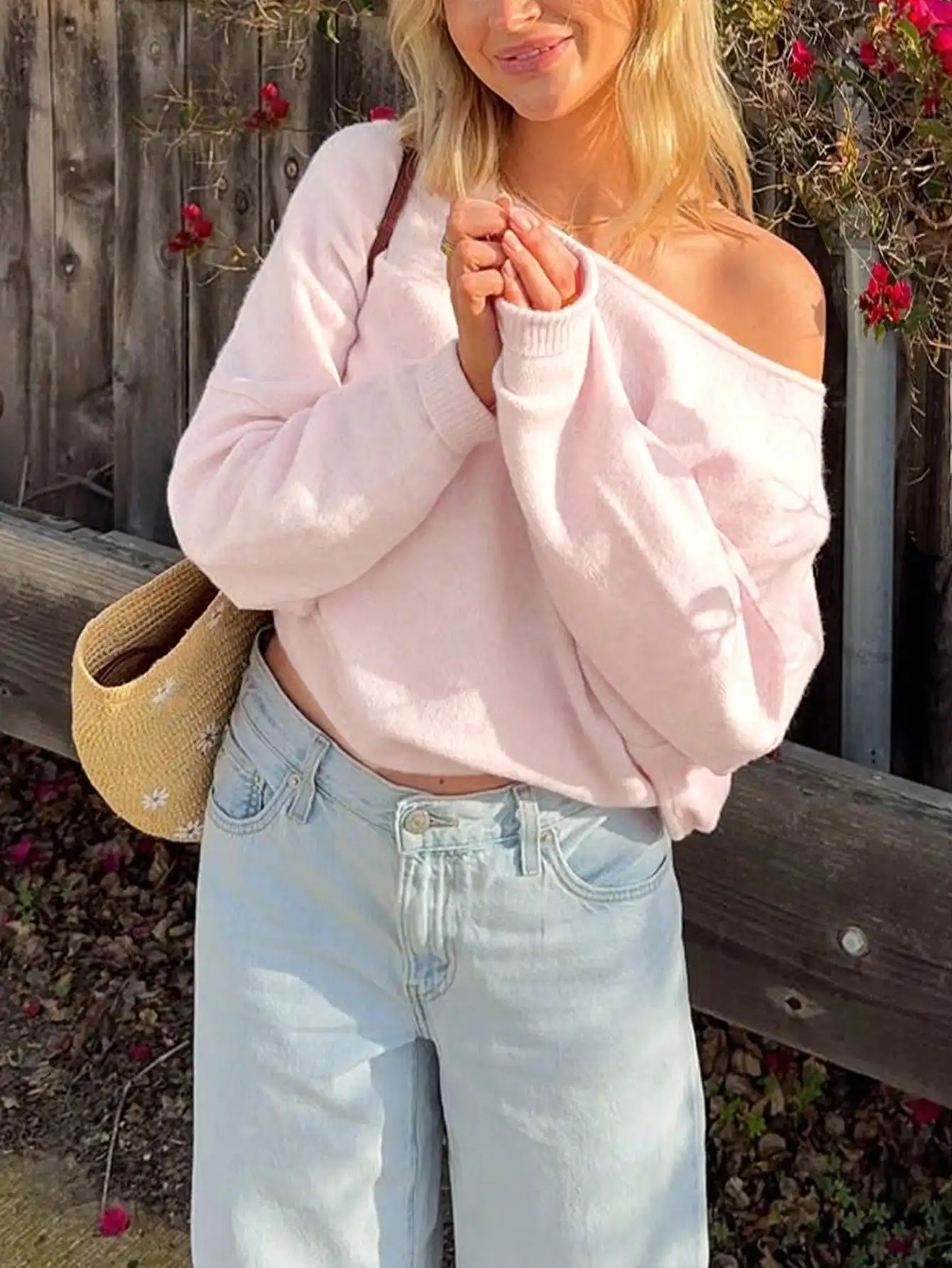 

Розовый свитер с открытыми плечами и длинными рукавами для женщин, свободный повседневный пуловер