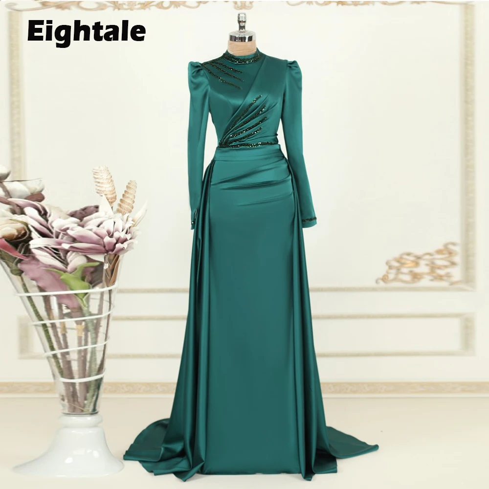 Eightale Muslim Evening Dress for Wedding Party Emerald Green Beaded Long Sleeve Prom Gown Customized Celebrity Dress abendkleid