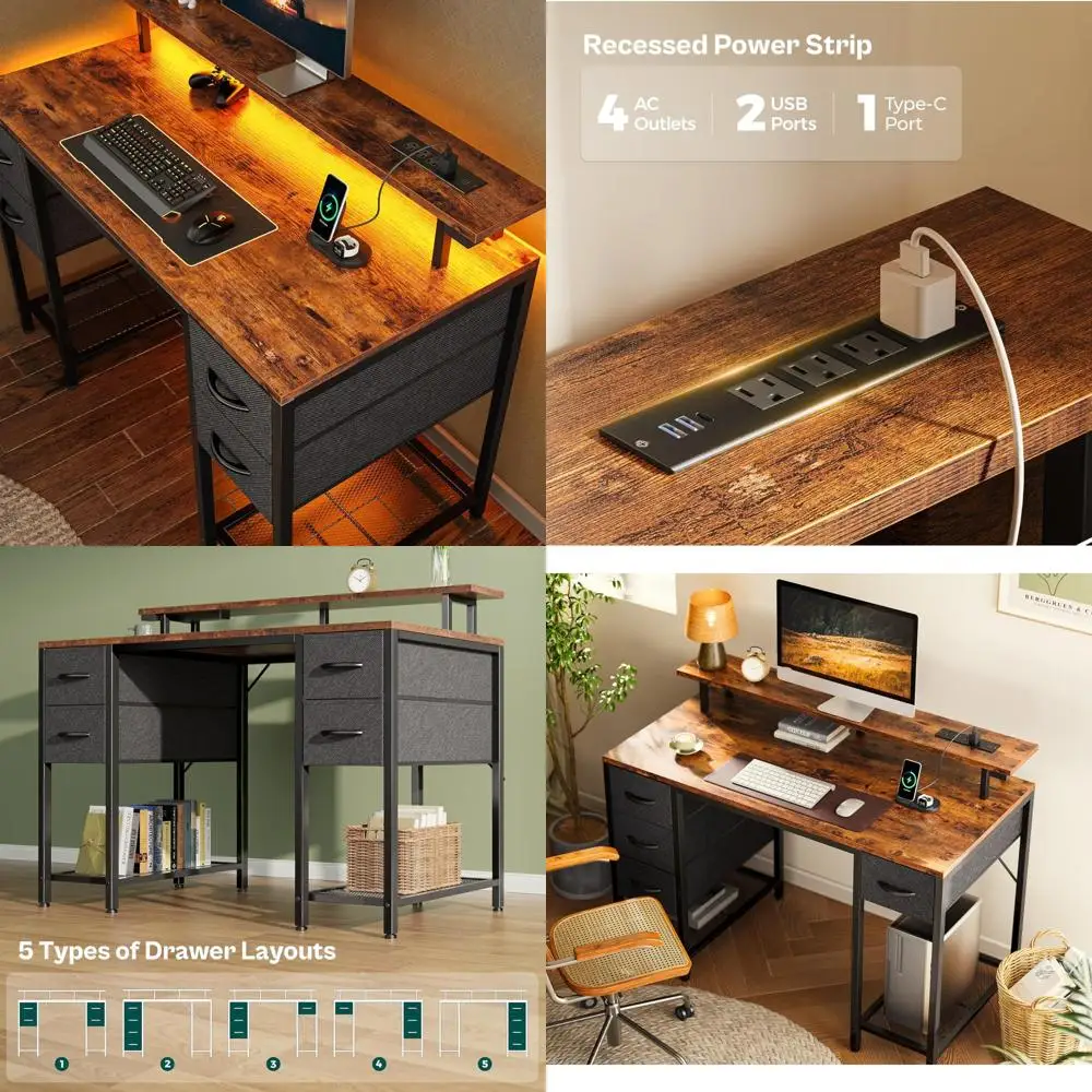 

Large 55 Inch Gaming Computer Desk with LED Lighting and 4 Storage Drawers, Complete with Power Outlets for Home Office Use