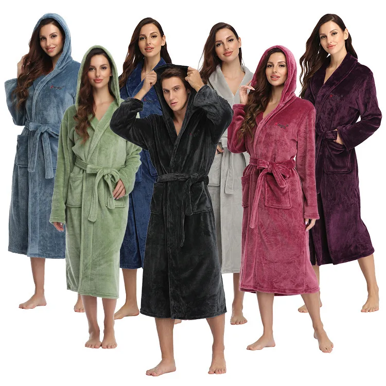 Flannel Bathrobe Gown Long Sleeve Nightgown Women Hooded Sleepwear Warm Couple Winter New Kimono Peignoir with Pocket Loungewear