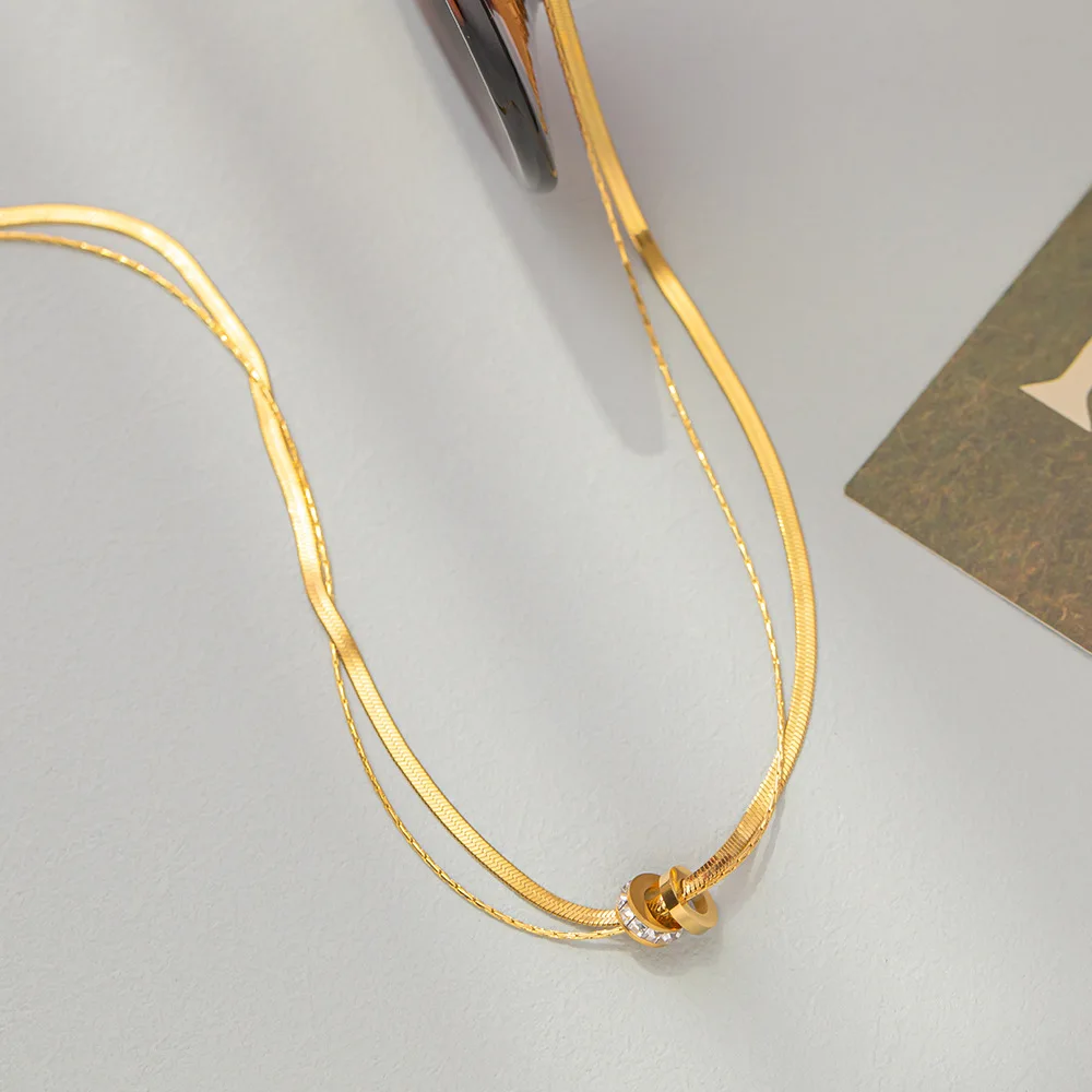 Stainless Steel Double Layer Clear Zircon Necklace for Women Kpop Minimalist Clavicle Chains 2023 Trendy Lucky Jewelry Gift