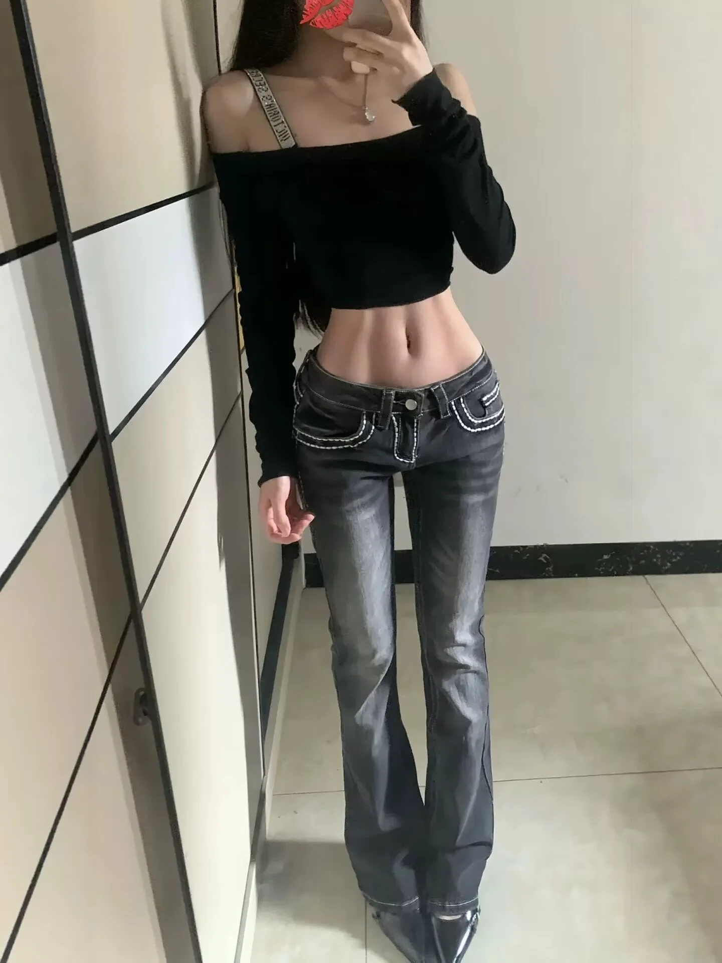 

High Waist Slim Fit Bell Bot Jeans Women's Long Leg Lengthening American Sle Bla Denim Pants Tall Women