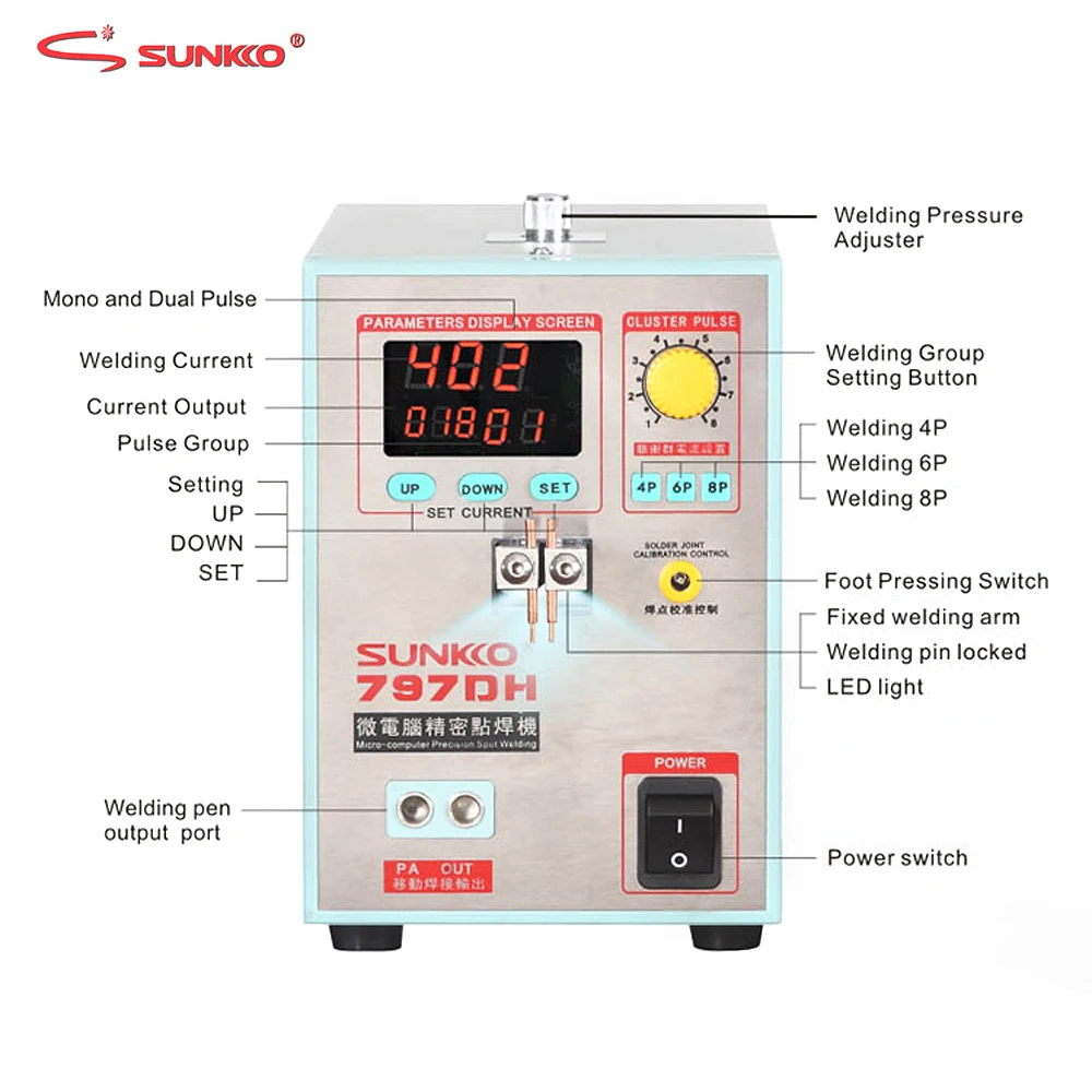 Sunkko 797dh soldador de ponto 3.8kw bateria de alta potência máquina de solda a ponto para 18650 baterias soldadores de ponto de pulso de precisão de solda