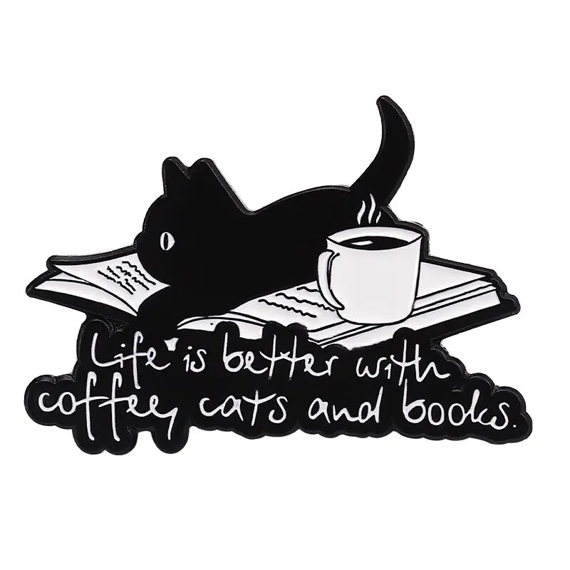 Cute Cartoon Animal Enamel Pin Life is Better with Coffee Cats and Books Brooch Decorative Metal Lapel Jewelry Badge for Friends