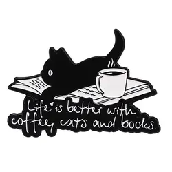 Cute Cartoon Animal Enamel Pin Life is Better with Coffee Cats and Books Brooch Decorative Metal Lapel Jewelry Badge for Friends