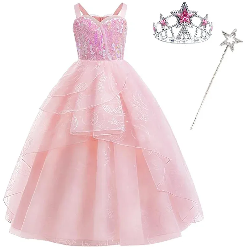 أزياء النساء الساحرة التأثيرية للبالغين فستان الأميرة من التول الوردي الشريرة + عصا + تاج غليندا تمويه امرأة فستان كرنفال الهالوين