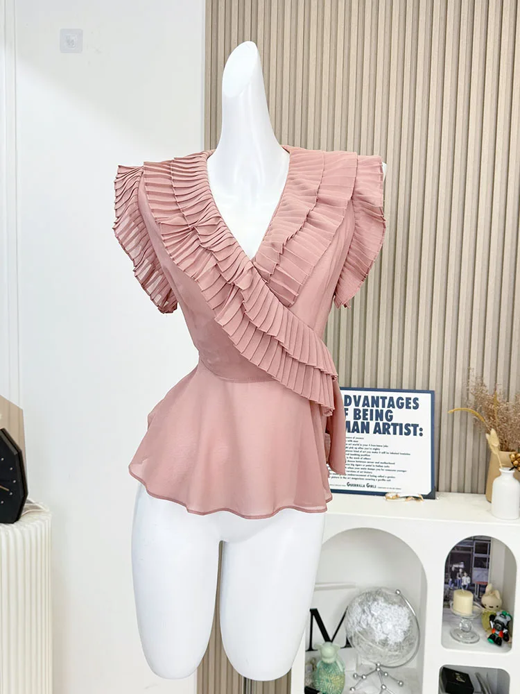 French Elegance Pink V-Neck Flying Sleeve Shirts Women Sweet Ruffle Slim Top Autumn Advanced Romantic Chiffon Blouses Mori Girl