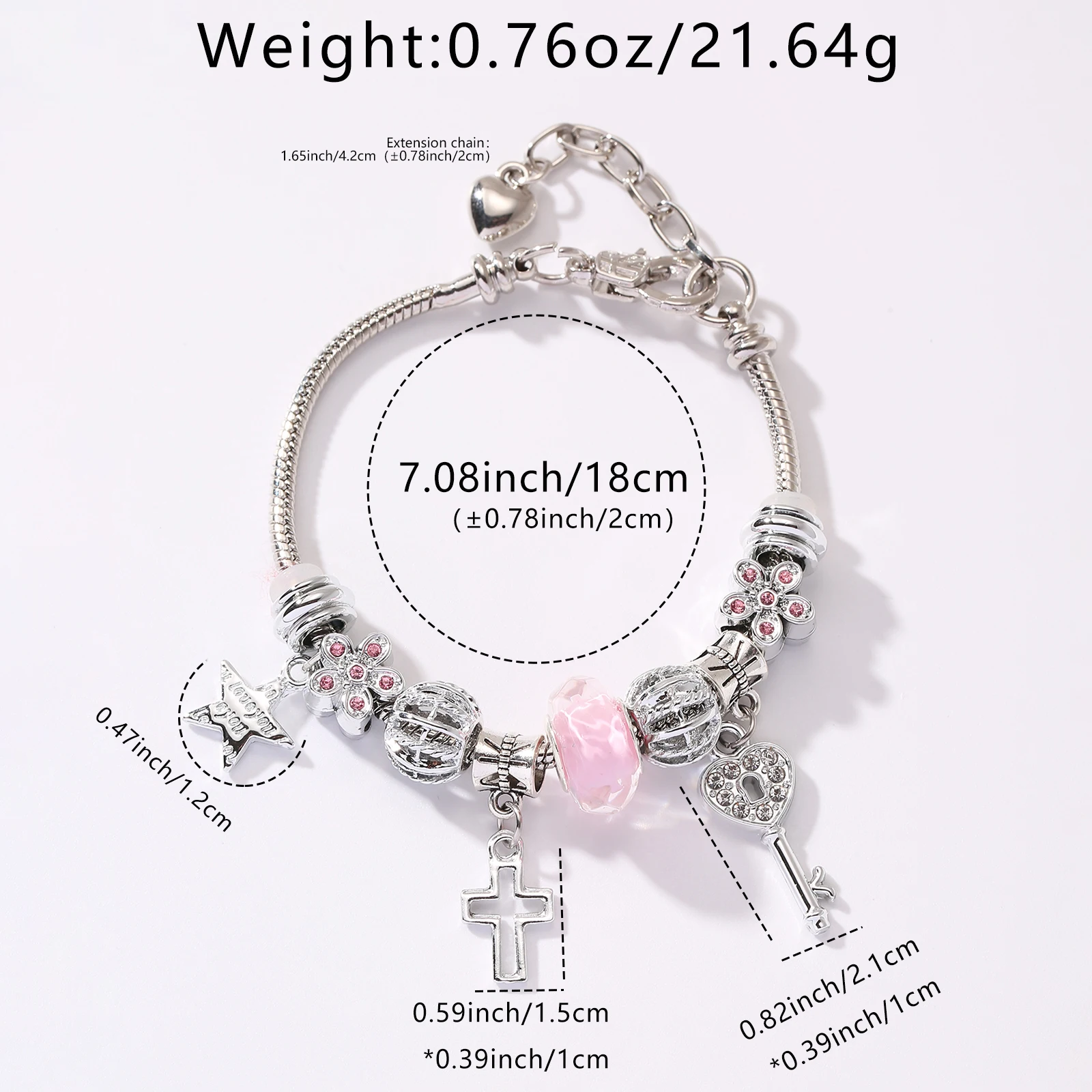 Silvery Stainless Steel Charm Bracelet with Key Lock and Cross Pendants for Women