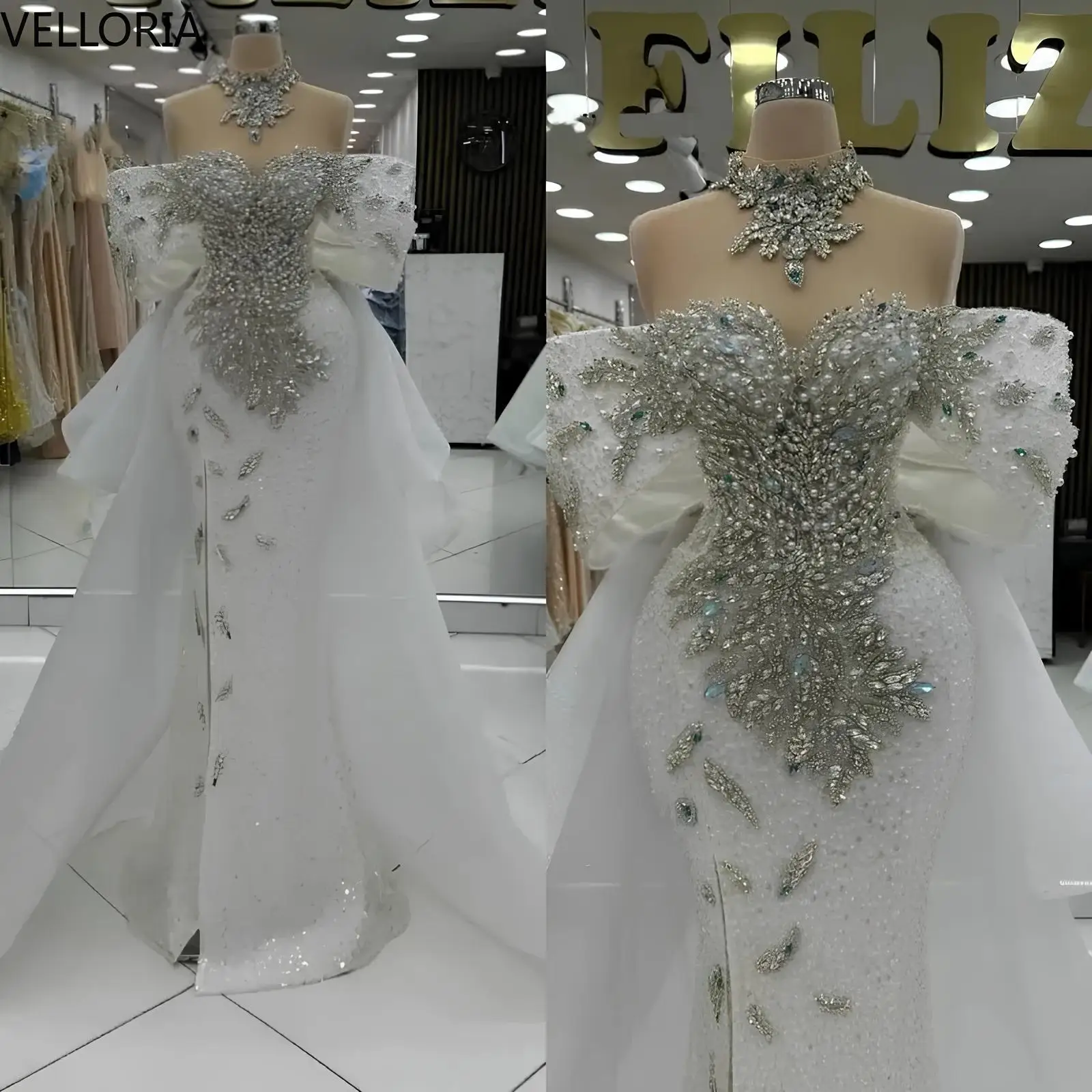 

Luxury Evening Dresses For Women Off Shoulder Sleeveless Ball Gown Pearls Appliques Crystal Train Party Dress vestido Customized