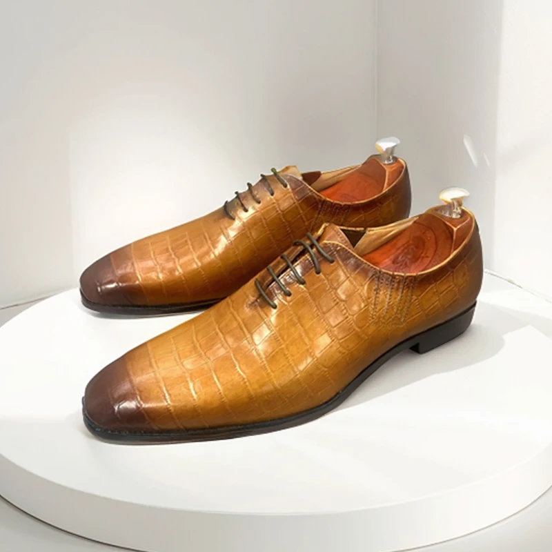 

Dress Shoes Men's Cow Leather Lace-Up Square Toe Stone Pattern Formal Office Business Wedding Shoes Footwear