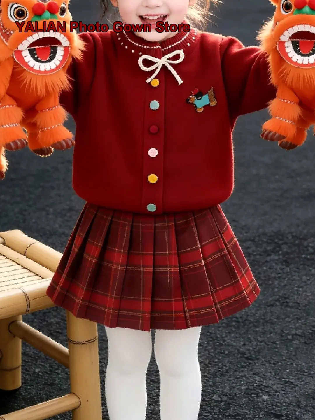 Girls Bow Single-Row Color Button Jacket Spring Autumn Winter Greeting Cardigan Knit Top