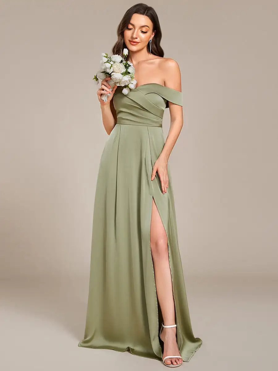 

Elegant Evening Dresses Off Shoulder Short Sleeves Pleated Floor-Length 2025 Ever Pretty of A-Line Sage Green Bridesmaid dress