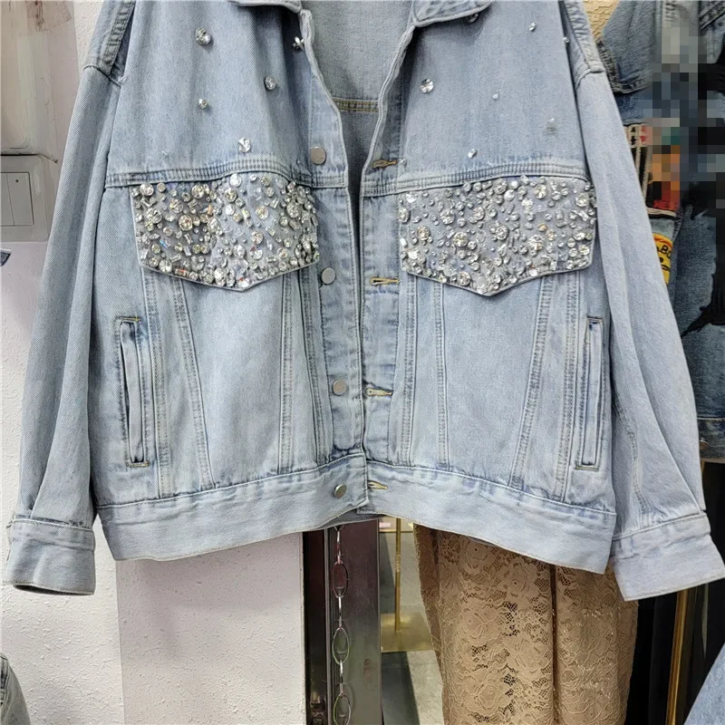 Heavy Work Diamonds Denim Jacket Women Loose Vintage Blue Short Cowboy Outerwear Spring Autumn Casual Jeans Jacket Coat Female - Image 4