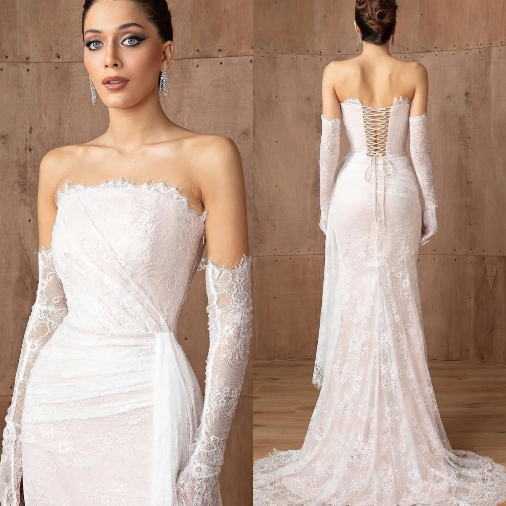 Personalizado requintado sem alças manga destacável 3/4 mangas vestido de noite delicado branco vestidos de baile luxo rendas vestidos de festa