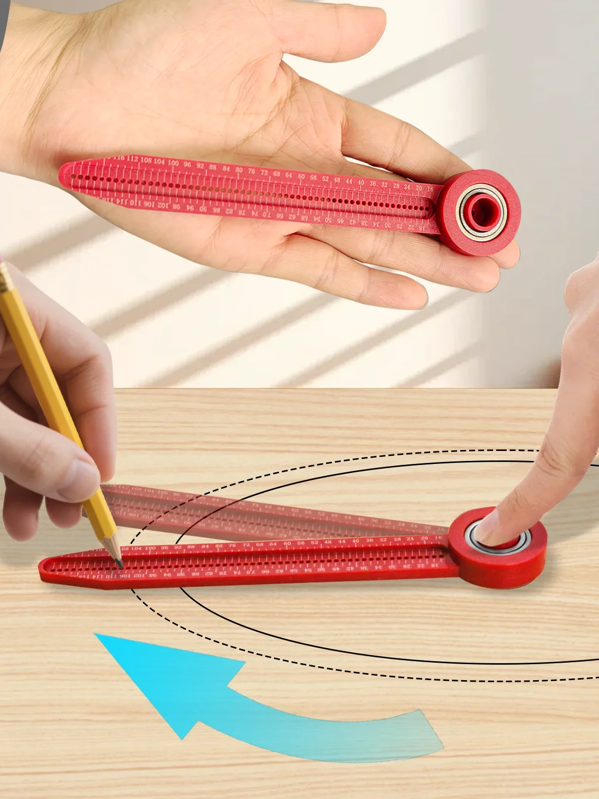 Tragbarer Kunststoff-Zirkel mit Lineal, Präzisions-Mess- und Anreißwerkzeug für Holzbearbeitung, DIY-Layout- und Markierungsprojekte – Detail 1