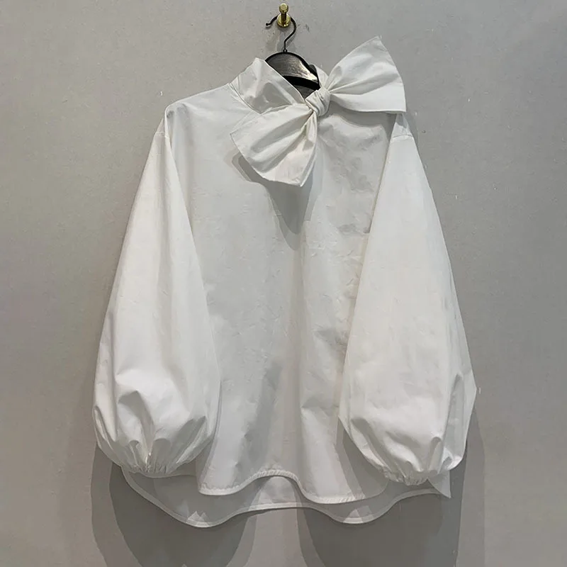 MYMX Autumn Light Yellow 100% Cotton Shirt For Women Bow Neck Loose Elastic Cuff Puff Sleeves Blouse New MX1705