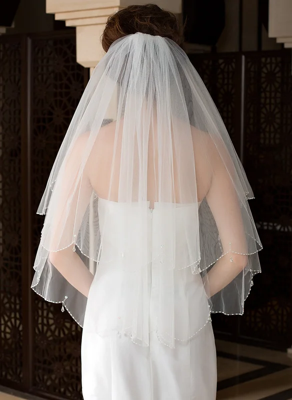 งานแต่งงานเจ้าสาว2ชั้น Handmade ไข่มุกปลอมตัดขอบหวี Veil Voile Mariage งานแต่งงานอุปกรณ์เสริม