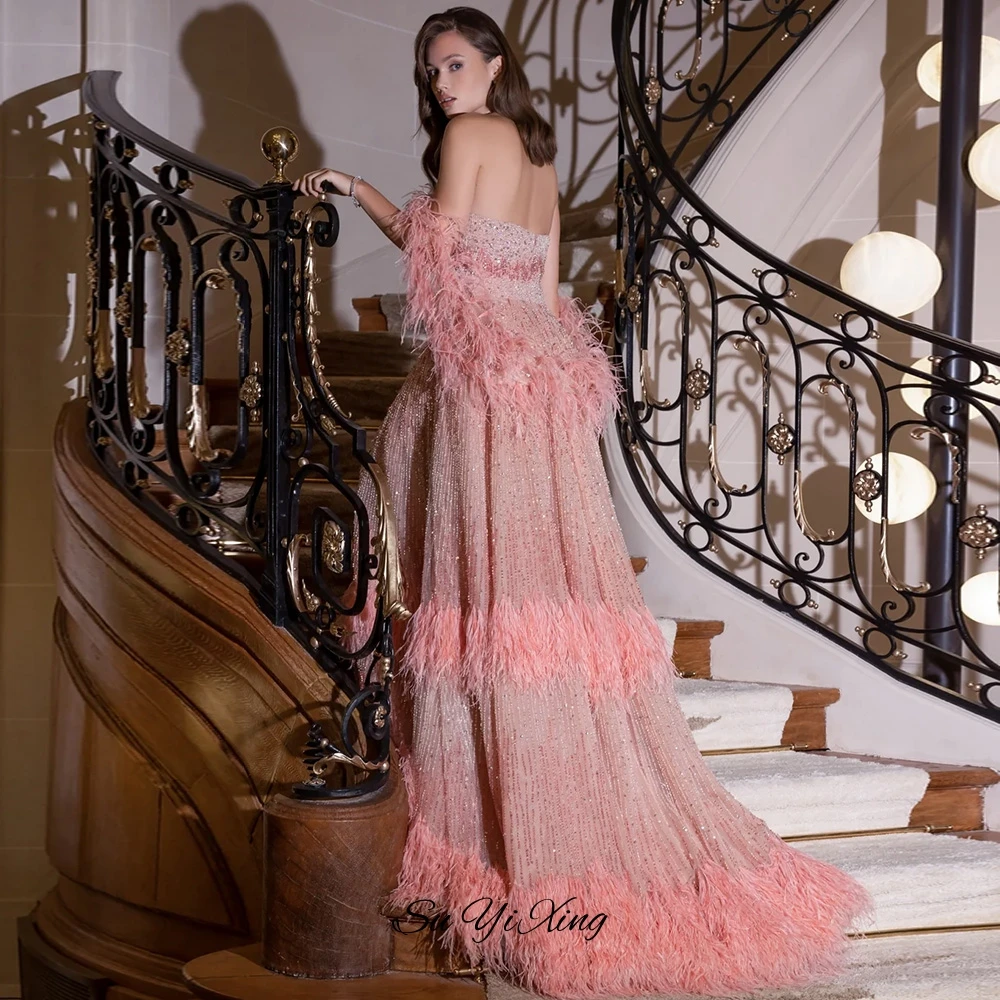 Exquisite Customized Feathers Beading Vestido De Festa Elegant Strapless A-Line Evening Dress Fashion Zipper Back Celebrity Gown image 2