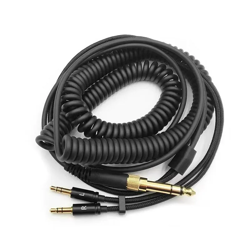Coiled Spring Audio Cable Dual 3.5mm Male to 6.35mm Plug Replacement Wire for Over-Ear Studio Headphones Nylon Braided Black