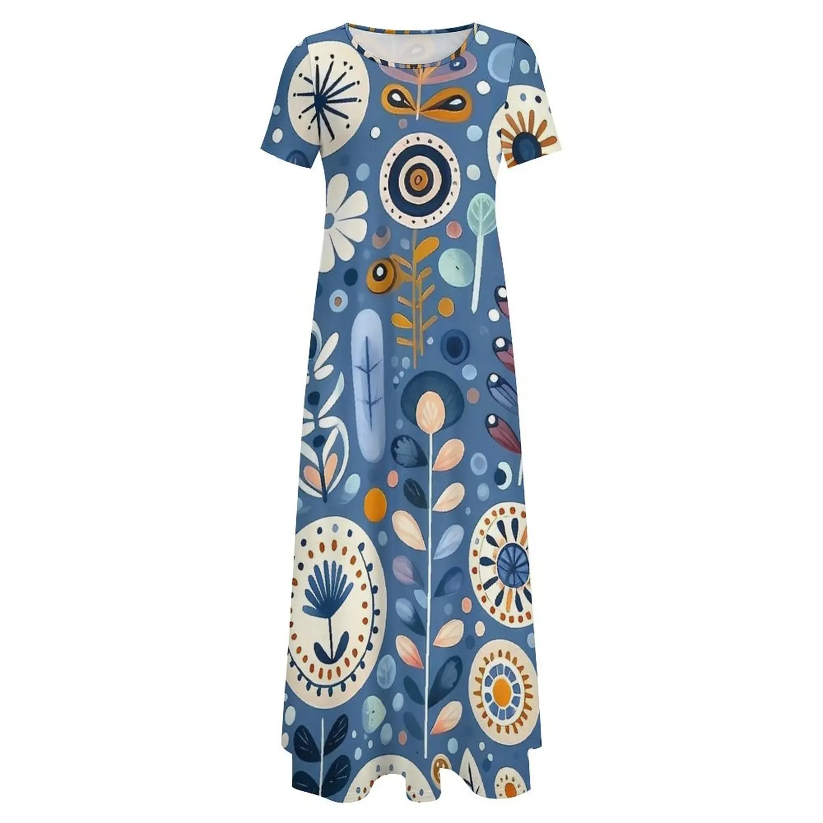 Vintage Folk Art Floral Print Dress  Trendy Maxi Dress Aesthetic Boho Beach Long Dresses Female Short Sleeve Oversize Vestidos