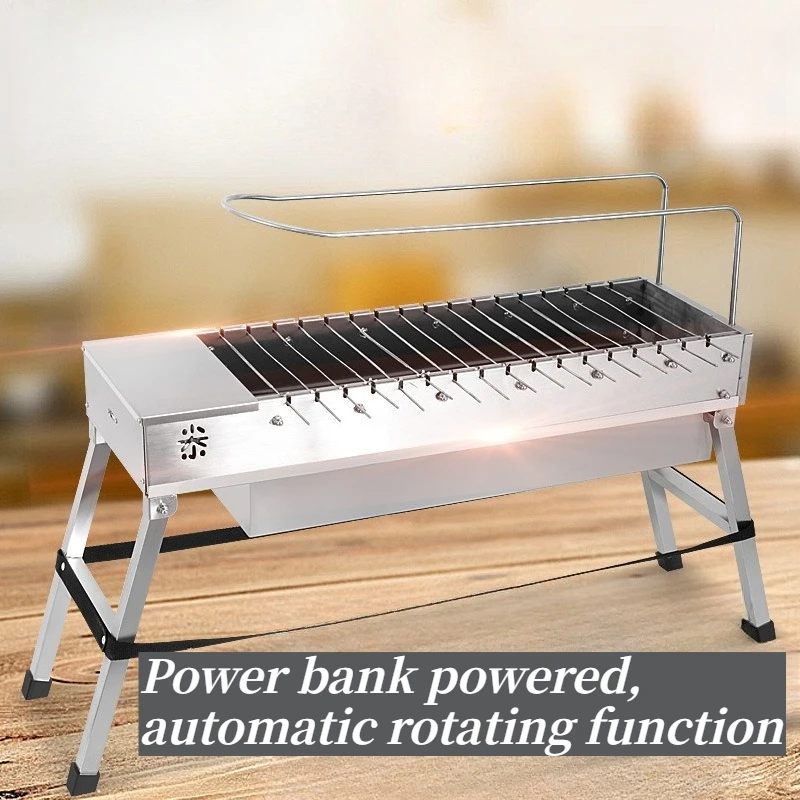 Portable Automatic Rotating BBQ Skewer Grill USB Power Bank Powered Stainless Steel Outdoor Charcoal Barbecue Machine view 3
