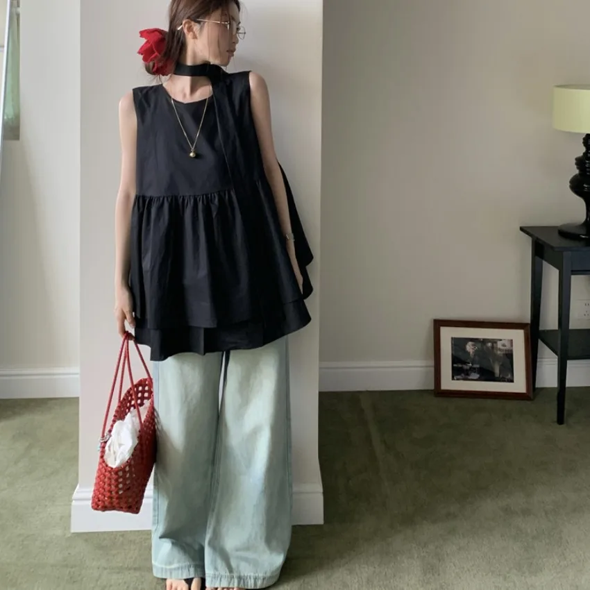 

Пышный жилет Bla Svel + прямые джинсы с талией, комплект из двух предметов, весна-лето, корейский универсальный модный женский комплект...