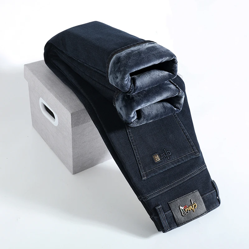 Winter New Men Fleece Warm Jeans Classic Style Business Casual Regular Fit Thicken Stretch Denim Pants Male Brand Trousers
