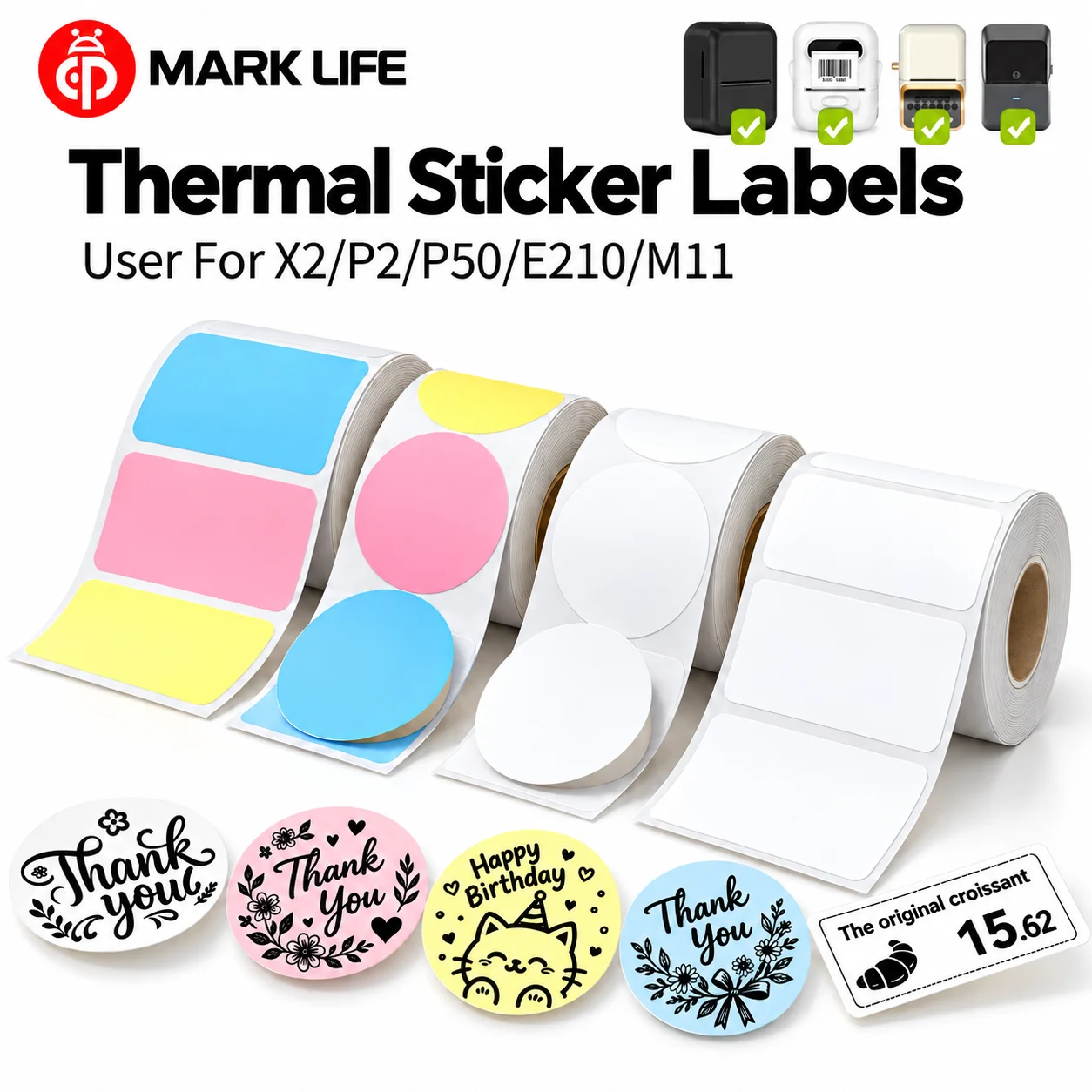 Marklife X2 2 Inch White Thermal Label Stickers, Waterproof Self-Adhesive Label Paper Compatible with Marklife X2/P50/M110/M220