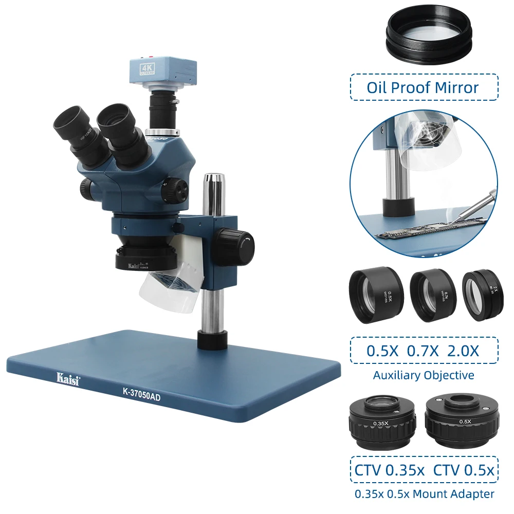 Simul-focal Stereo Trinocular Zoom Microscópio 4k 38mp Câmera Microscópio Ctv com Lente Objetiva Auxiliar 0.5x 2.0x 0.7x 7x50x