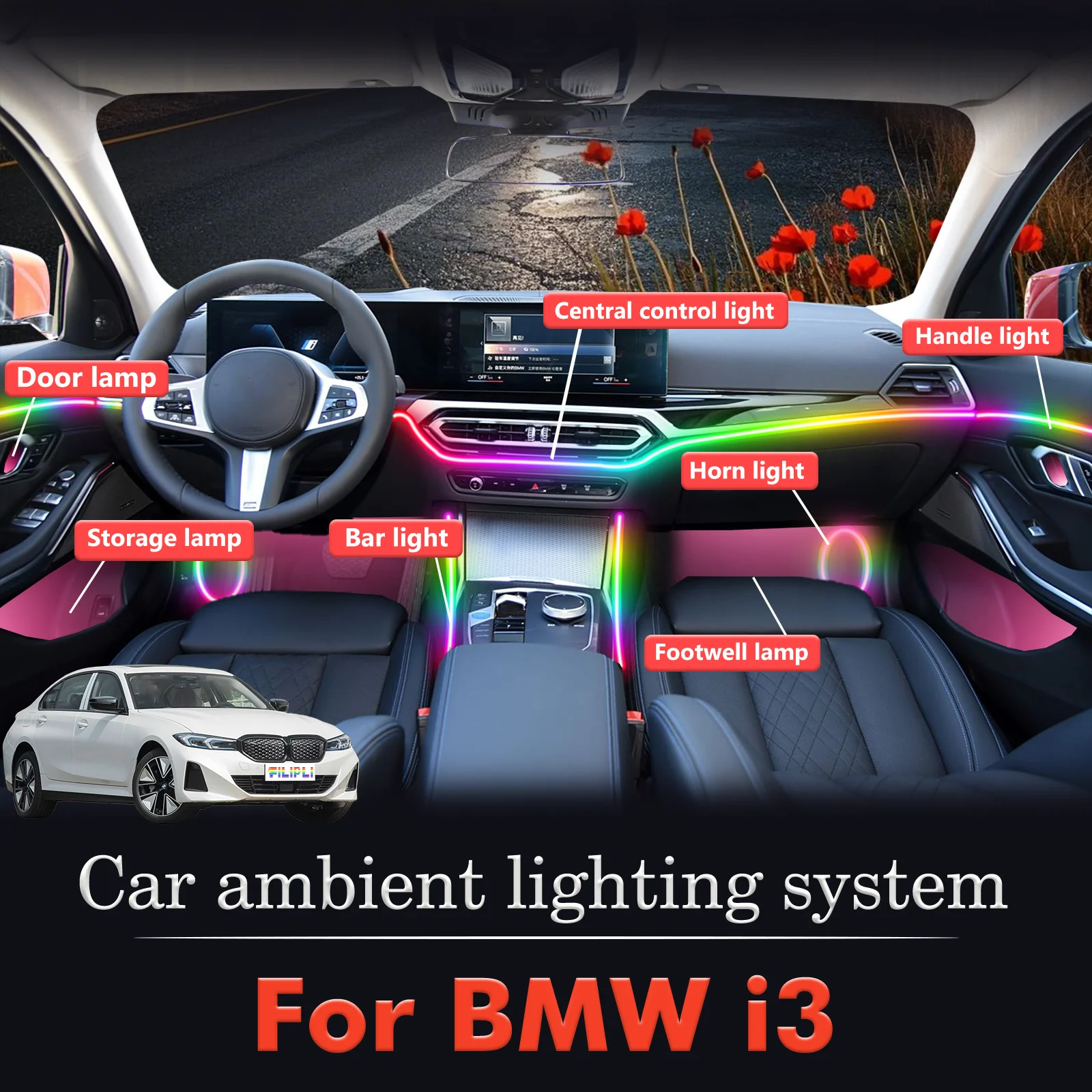 

6 In1 for BMW i3 series G28‌ Car LED Ambient Lamps Colorful Atmosphere Lights Auto Interior Neon Strip 64 RGB Lighting 64 color