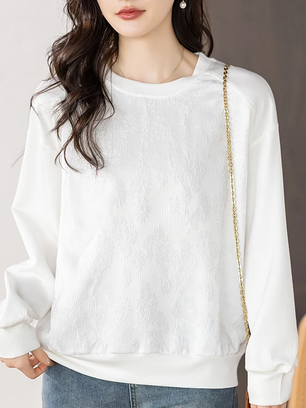 

Textured Patchwork Color Sweatshirt Casual Long Sleeve round Neck Spring Large Size Women's Top Comfortable Streetwear