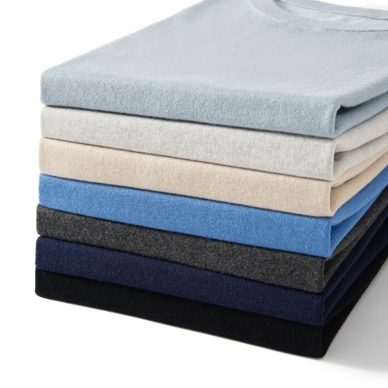 

Summer New Short Sleeved Men's Round Neck Pullover Vest Made Of Mulberry Silk And Cashmere Knitted Base Shirt Men's T-Shirt Thin