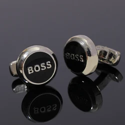 Black Letter Boss Cuff Links Silver Tone For Suit Tuxedo Shirts Business Formal Sleeve Button Jewelry Gift