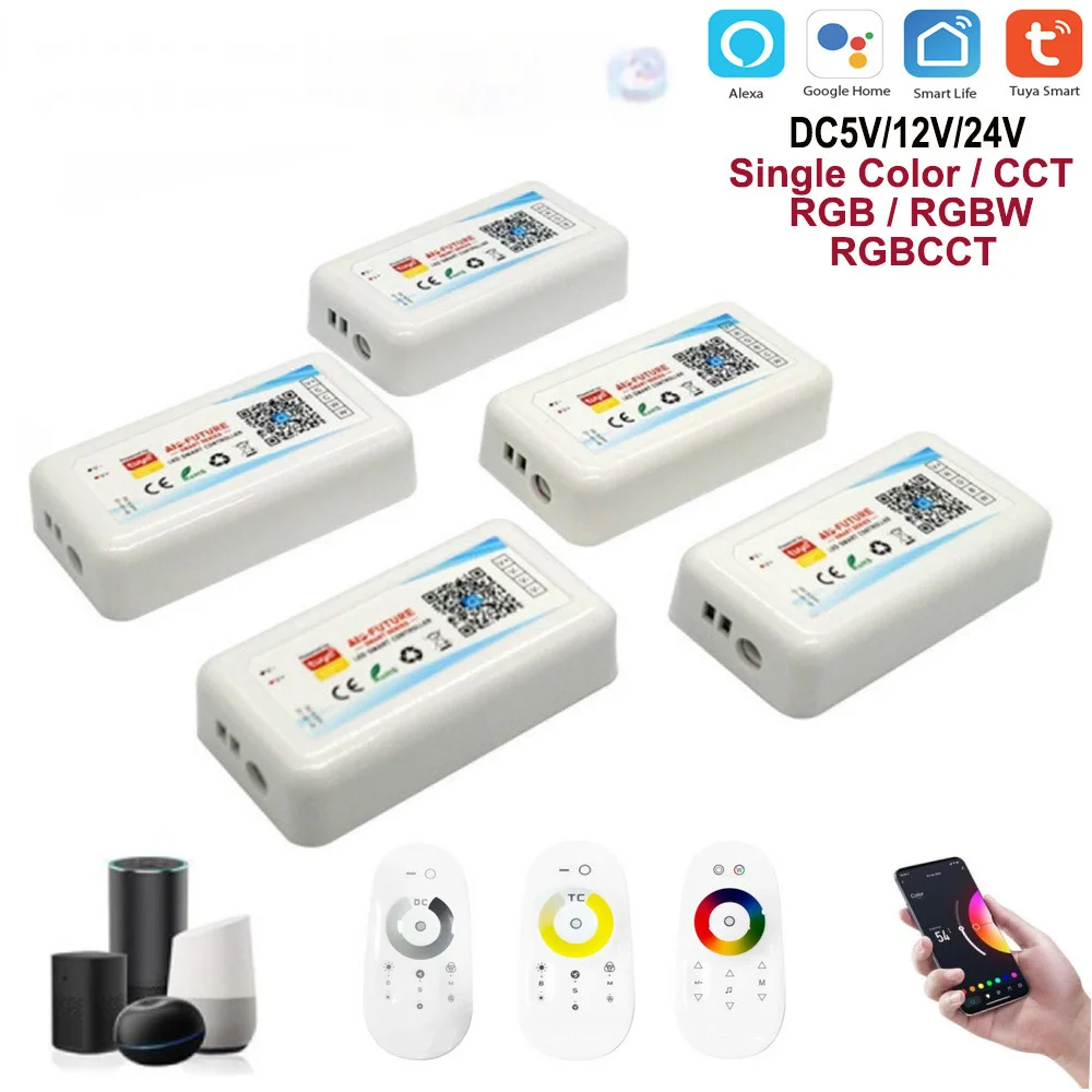 

Светодиодный контроллер Tuya WiFi Smart RGB/RGBW/RGBCCT, одноцветный диммер, DC5V-24V, светодиодная лента, дистанционный переключатель, работает с Alexa Google