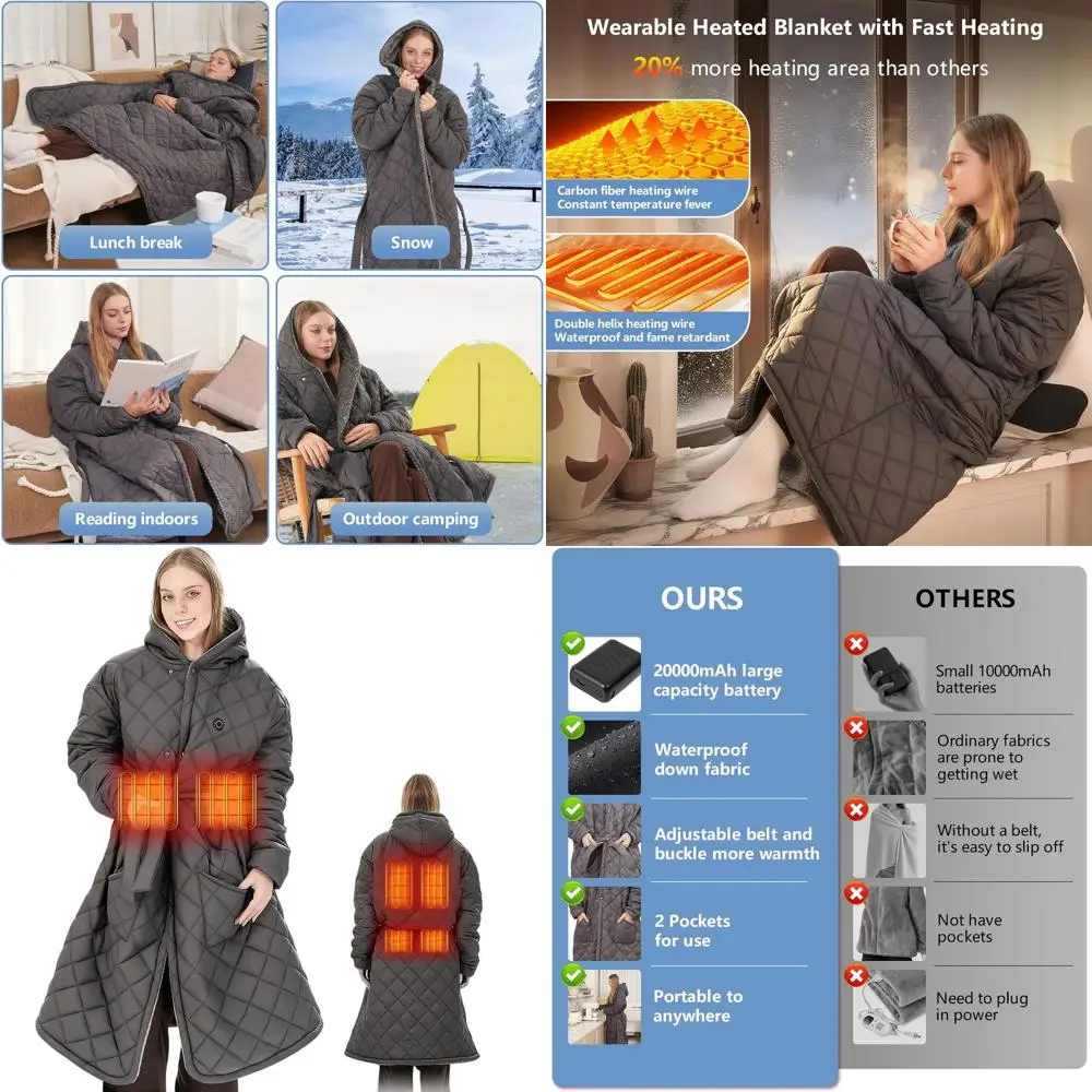 

Wireless Cordless Heated Blanket, 20000mAh, Women's Electric Hooded Robe, 45x32 for Outdoor Use