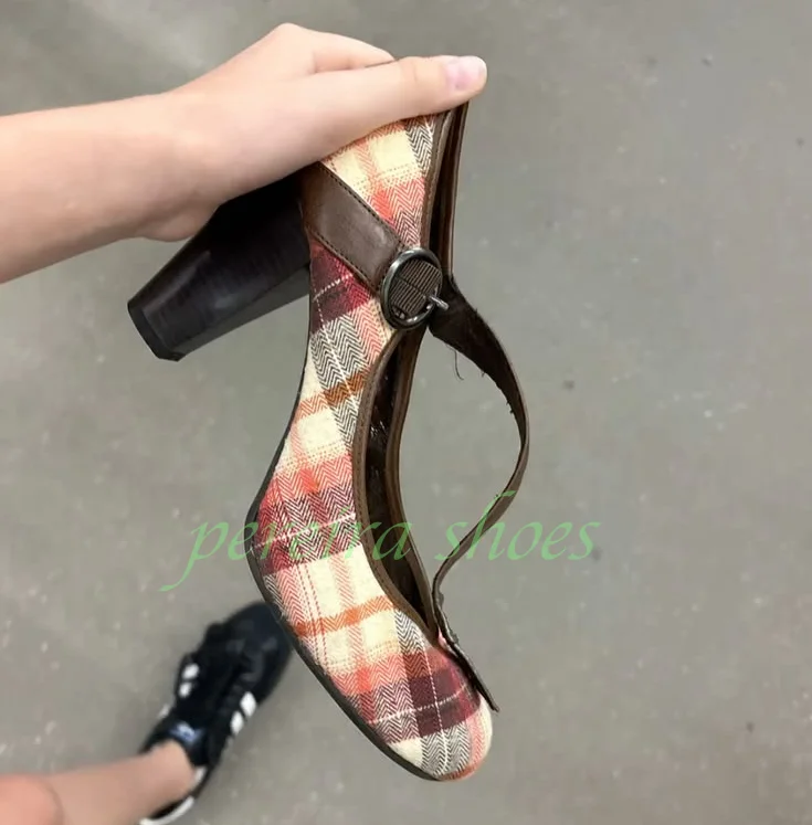 Vintage Women T-Strap Mary Jane Shoes Round Toe Plaid Checkered Fabric Buckle Strap Chunky Heel Retro Academia Ladies Pumps Size