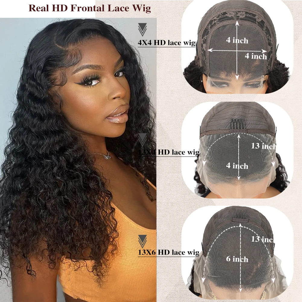 Wig 13X6 13X4 4X4 gelombang dalam HD renda transparan rambut manusia ketebalan 180 telah ditanami dengan wig rambut bayi