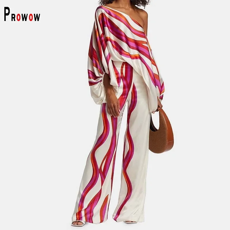 Prowow Women Pant Set Fashion Print Holiday Outfits Shoulderless Loose Shirts Two Piece Slim Fit Matching Suits Female Clothing