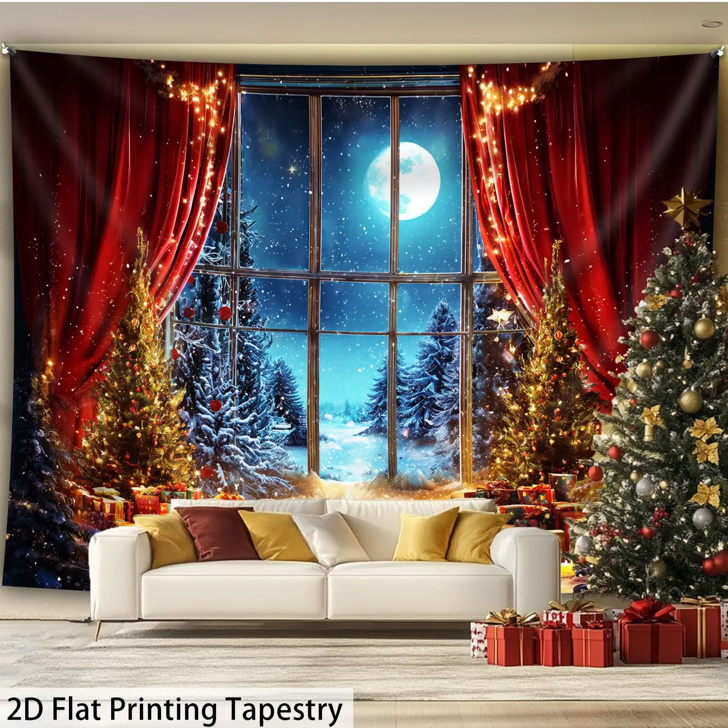 Winter Snow Window Tapestry, Red Gold Christmas Tree with Twinkling Lights,Festive Wall Art for Bay Window and Living Room Decor