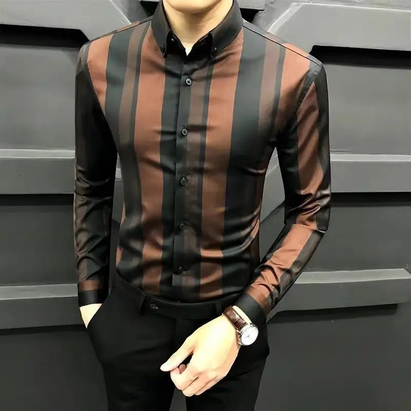 Fashion Printed Lapel Button Striped Shirt Men\'s Clothing 2022 Autumn New Oversized Loose Casual Tops All-match Korean ShirtS