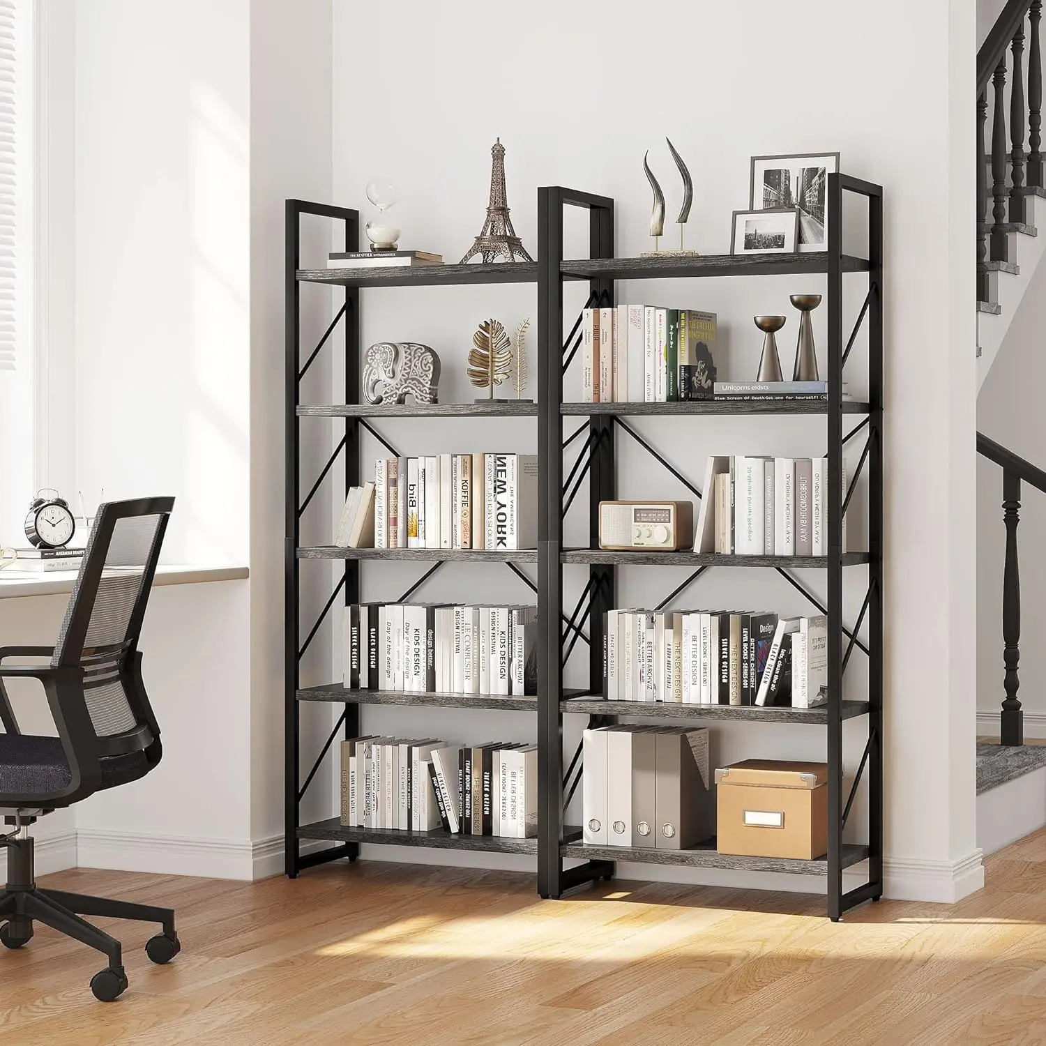 

5 Tiers Bookshelf, Industrial Artsy Grey Bookcase Bookshelves, Storage Rack Shelves Books Holder Organizer, Charcoal Gray +Black